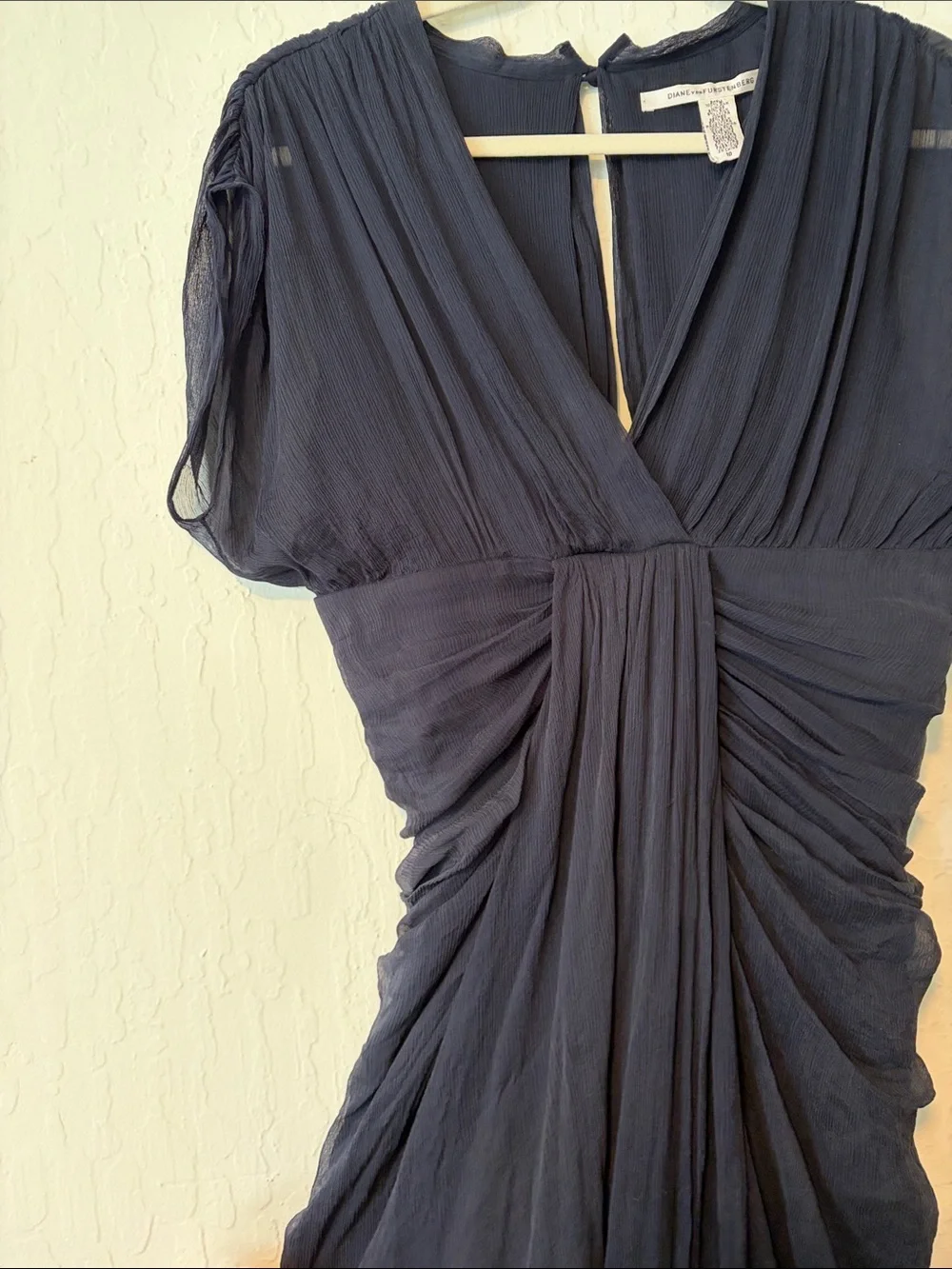 DVF Silk Navy Layered Draped V-Neck Cocktail Dress - Picture 3 of 9